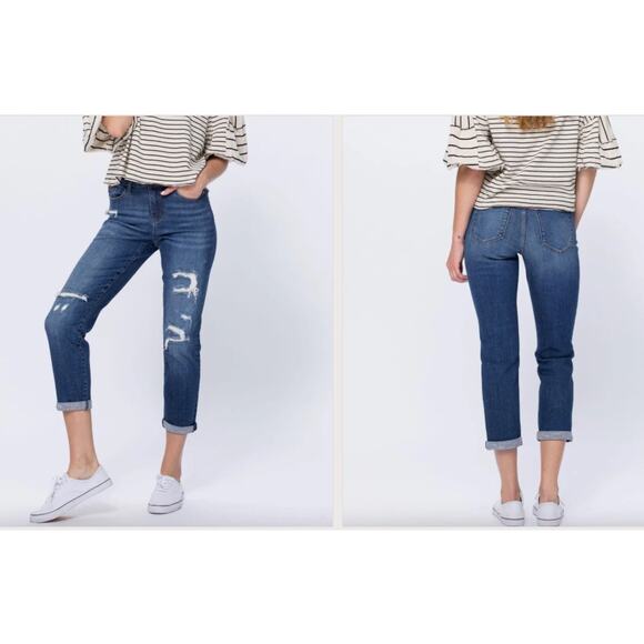 Judy Blue Jeans Womens Size 7 / 28 Thermal Patch Boyfriend Distressed Ankle Crop - Picture 2 of 11